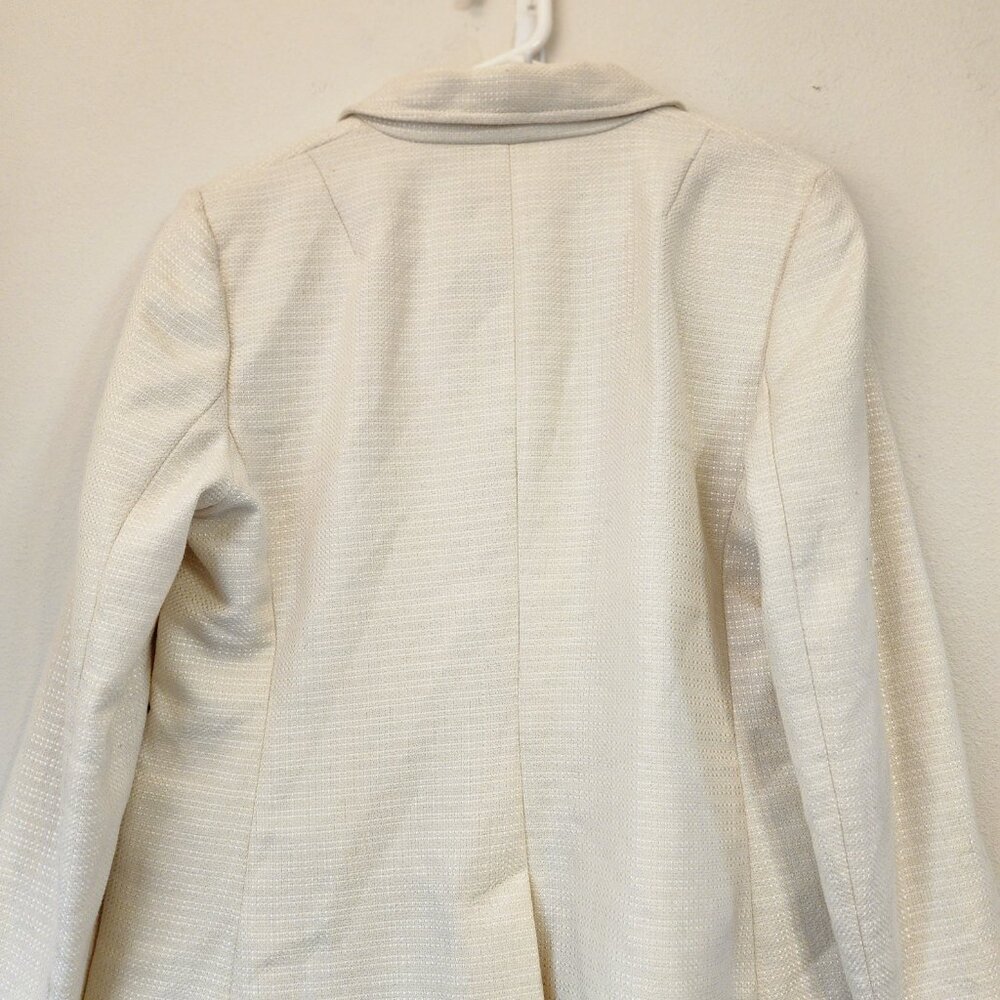 Banana Republic Ivory White Tweed Blazer with Fringe Brass Button Sz 14 Academia - Picture 10 of 16